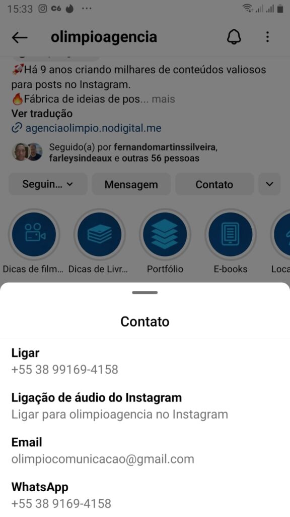 Botão de contatos do Instagram